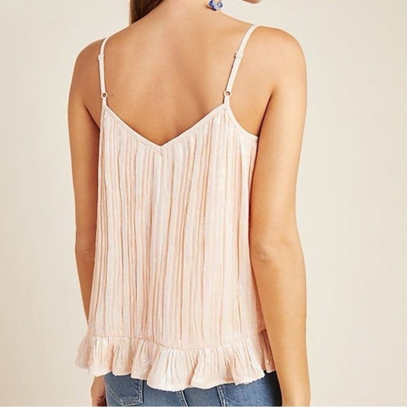 Anthropologie Powder Pink Sequin Spaghetti Strap Ruffle Hem Blouse |S| - Picture 2 of 8